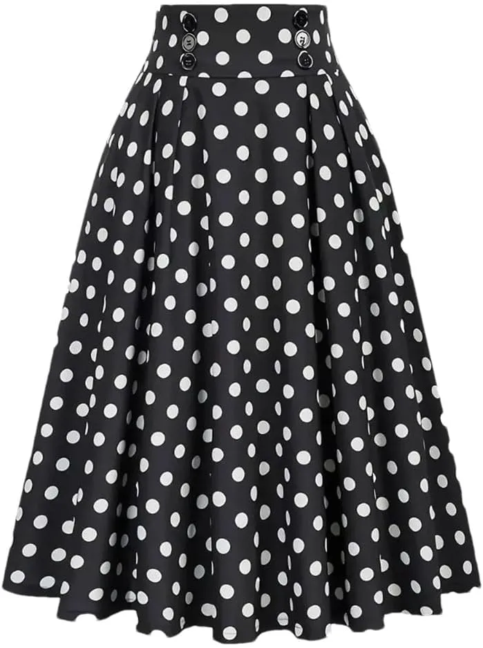 Women Vintage Skirt High Waist Pleated Skirt Womens Double Breasted with Pockets A-Line Midi Skirt