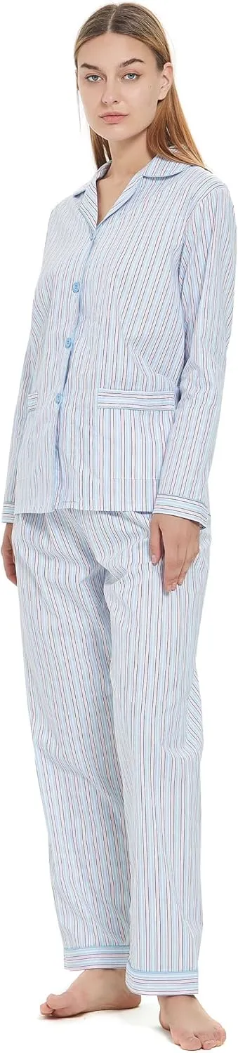 Women's 100% Cotton Pajama Set Short/Long Sleeved Pants/Shorts Soft Button PJs Elastic Drawstring Waist Sleepwear