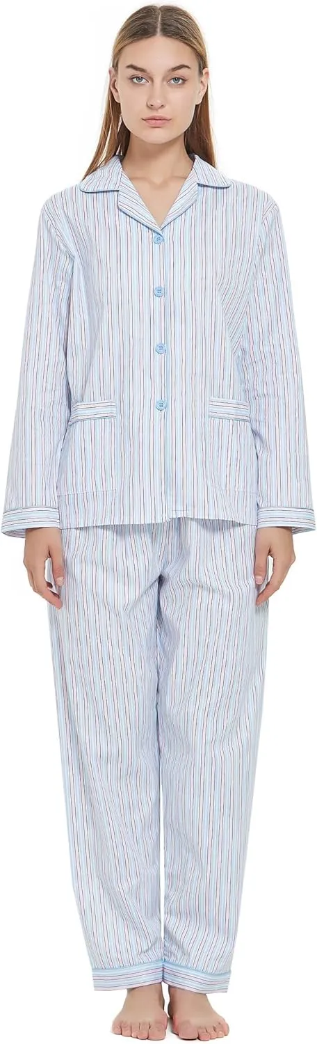 Women's 100% Cotton Pajama Set Short/Long Sleeved Pants/Shorts Soft Button PJs Elastic Drawstring Waist Sleepwear