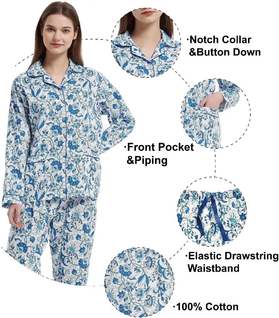 Women's 100% Cotton Pajama Set Short/Long Sleeved Pants/Shorts Soft Button PJs Elastic Drawstring Waist Sleepwear