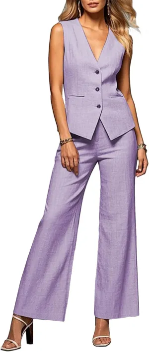 Womens 2 Piece Outfits V Neck Summer Linen Sleeveless Vest Pant Sets Suits Business Casual Suit