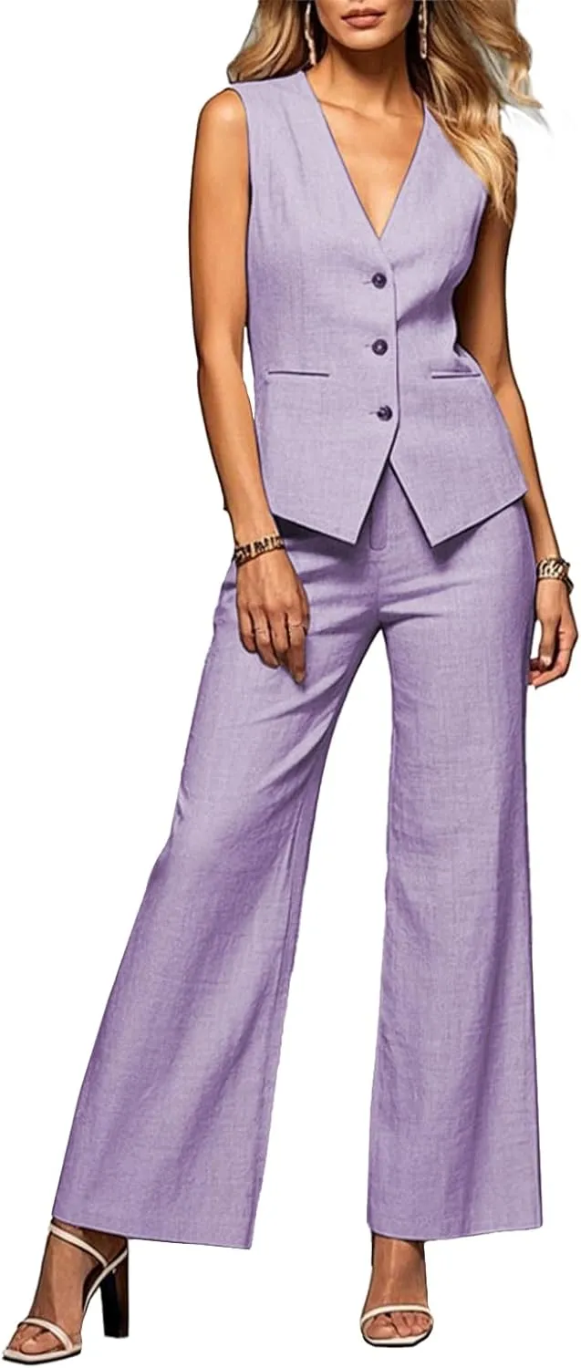 Womens 2 Piece Outfits V Neck Summer Linen Sleeveless Vest Pant Sets Suits Business Casual Suit