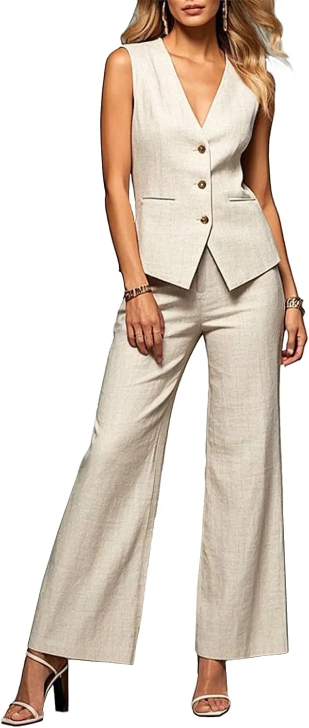 Womens 2 Piece Outfits V Neck Summer Linen Sleeveless Vest Pant Sets Suits Business Casual Suit