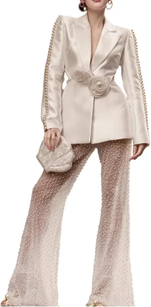 Women's 2 Pieces Blazer Pants Suit Sets Hollow Out Flowers Appliques Pearls Beaded Wedding Party Outfits