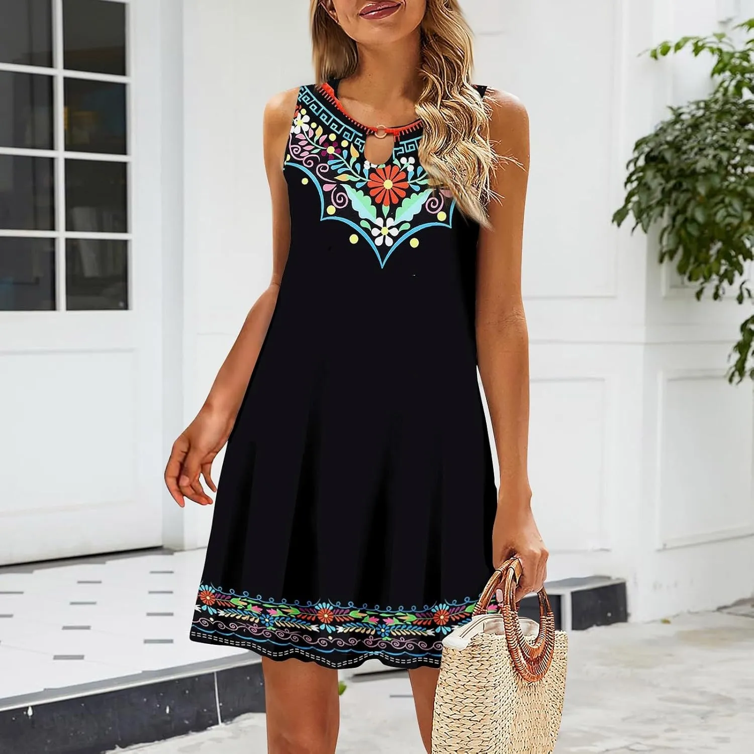 Women's 2024 Summer Floral Mini Dress Sleeveless Ruffle Boho Beach Vacation Short Tank Sundresses