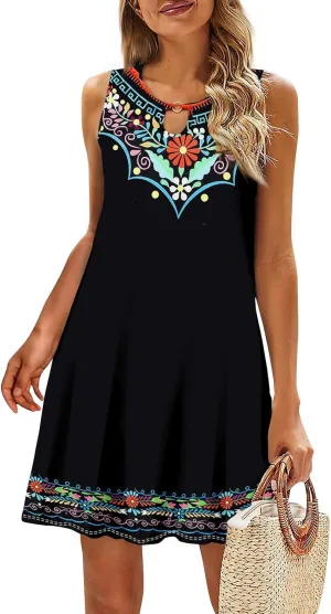 Women's 2024 Summer Floral Mini Dress Sleeveless Ruffle Boho Beach Vacation Short Tank Sundresses