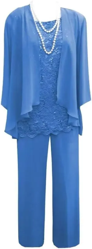 Women's 3 Pieces Mother of The Bride Dress Pant Suits Lace Wedding Guest Dress with Jacket