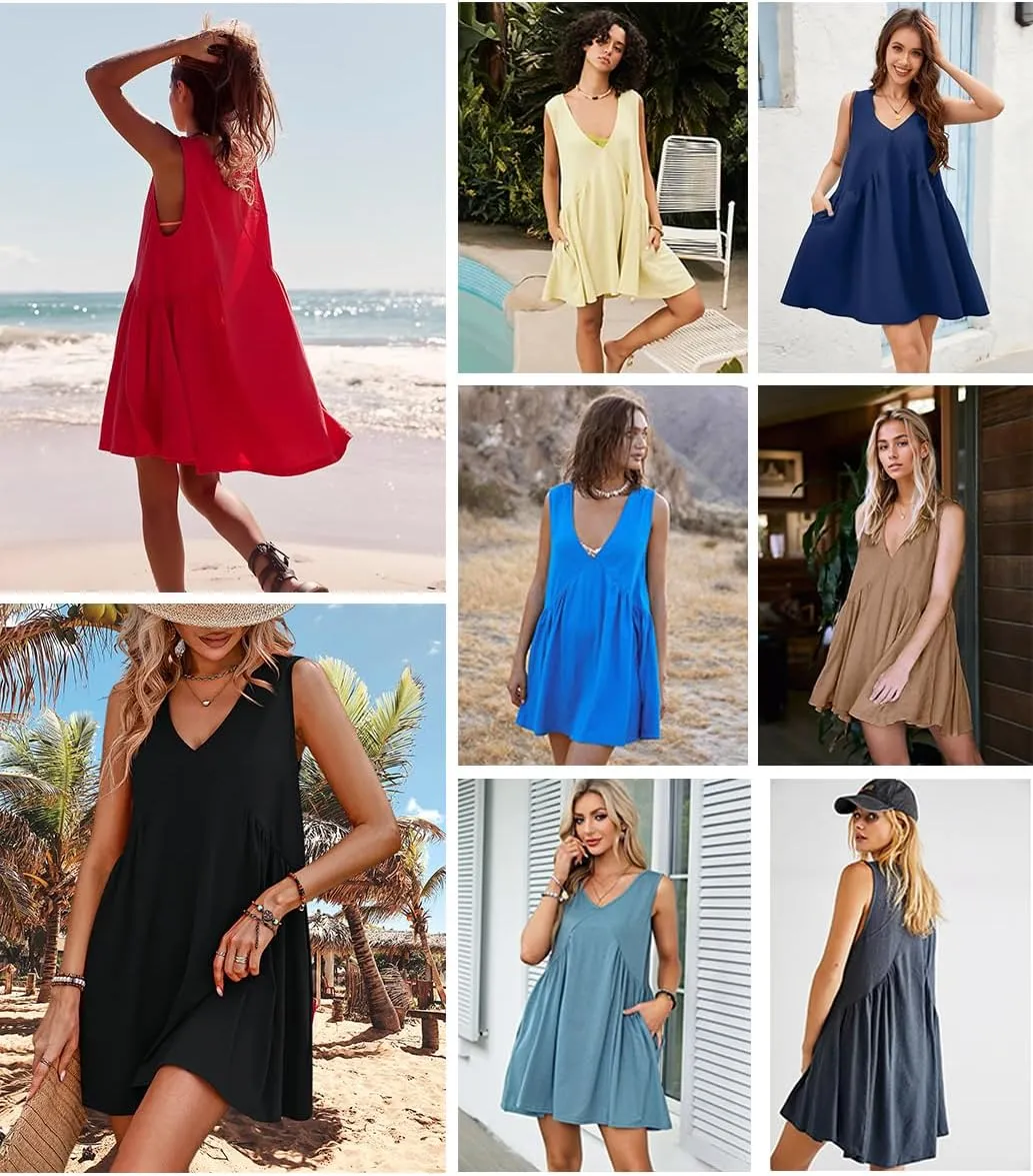 Womens Babydoll Dress Summer Sleeveless Mini Dress Casual Loose V Neck Swing Flowy Beach Sundresses with Pockets