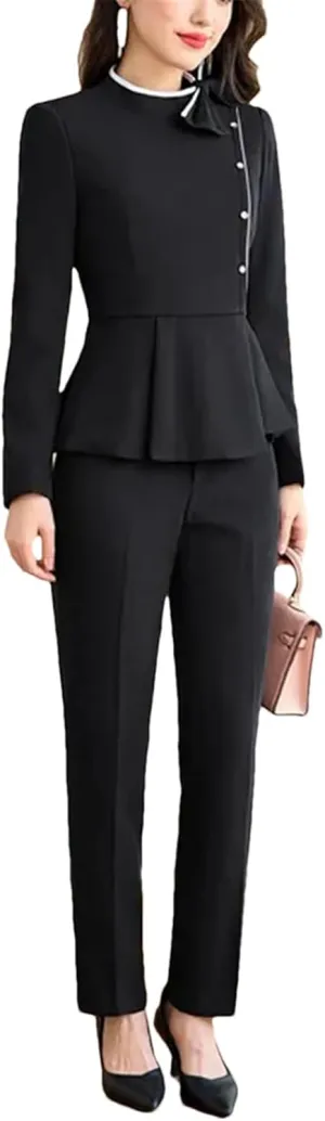 Women's Blue/Apricot/Black Blazer and Pants Set, Formal Business Office Workwear for Career Women
