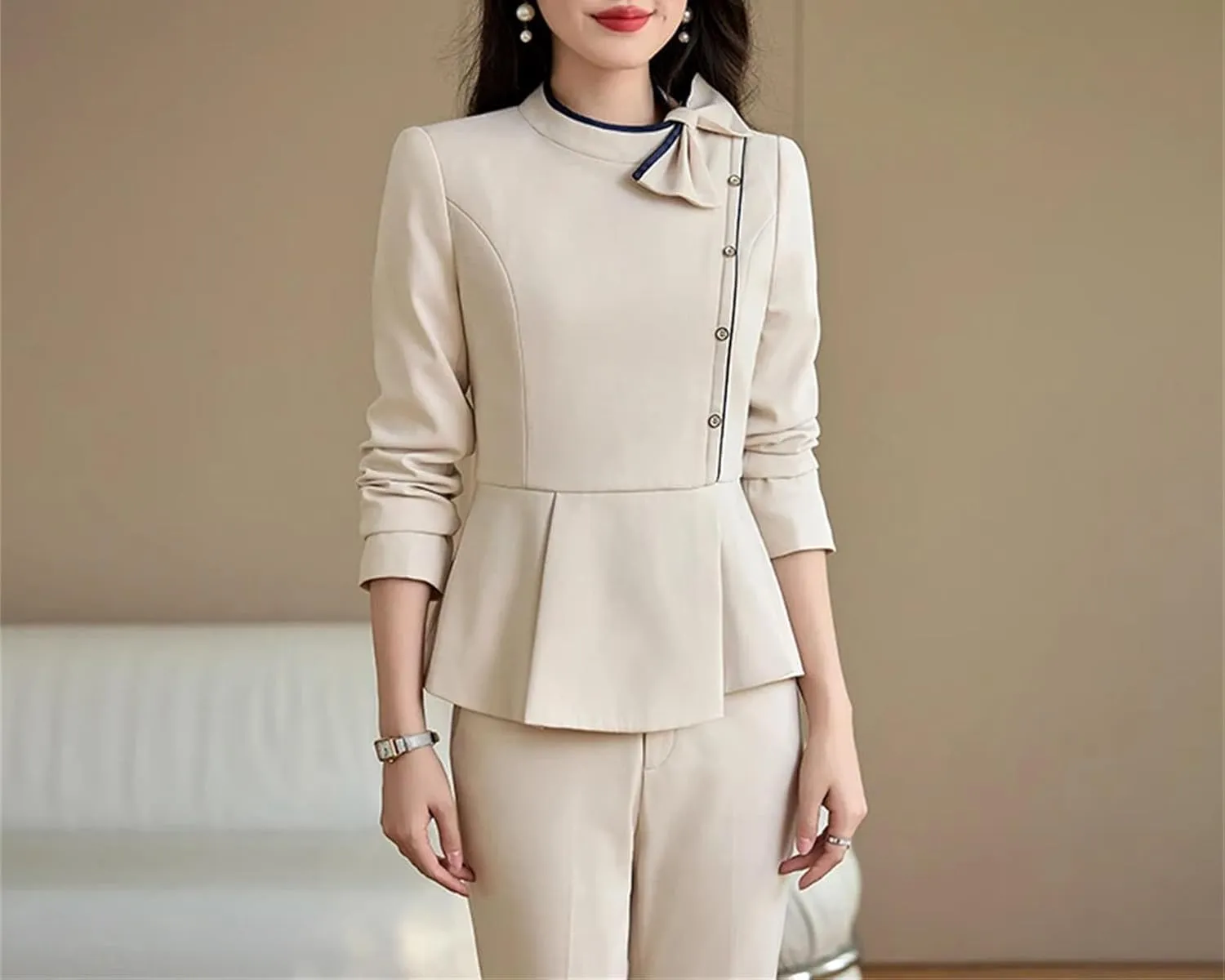 Women's Blue/Apricot/Black Blazer and Pants Set, Formal Business Office Workwear for Career Women