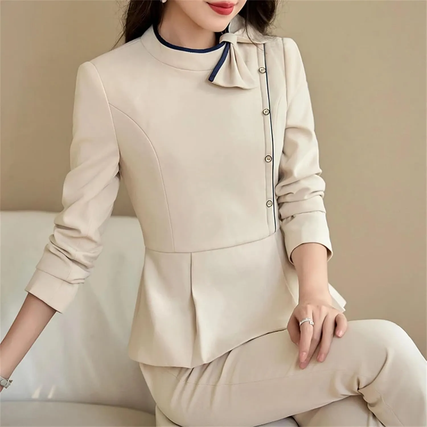 Women's Blue/Apricot/Black Blazer and Pants Set, Formal Business Office Workwear for Career Women