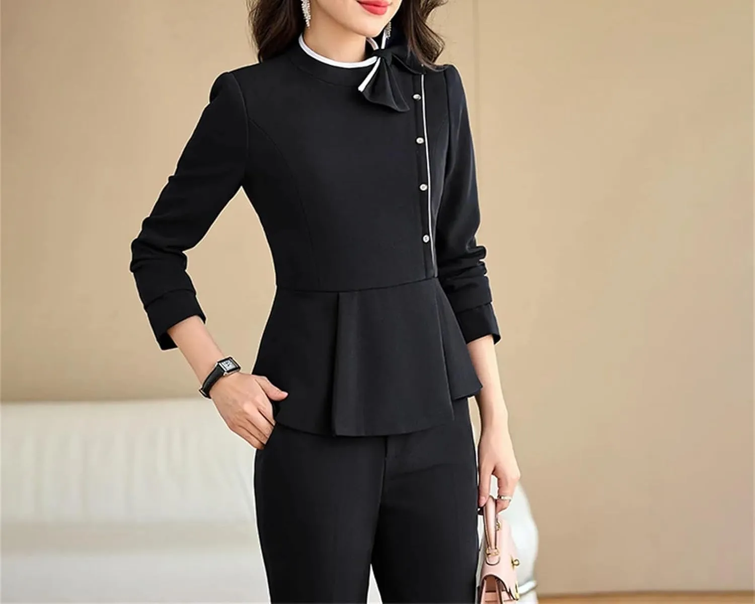 Women's Blue/Apricot/Black Blazer and Pants Set, Formal Business Office Workwear for Career Women