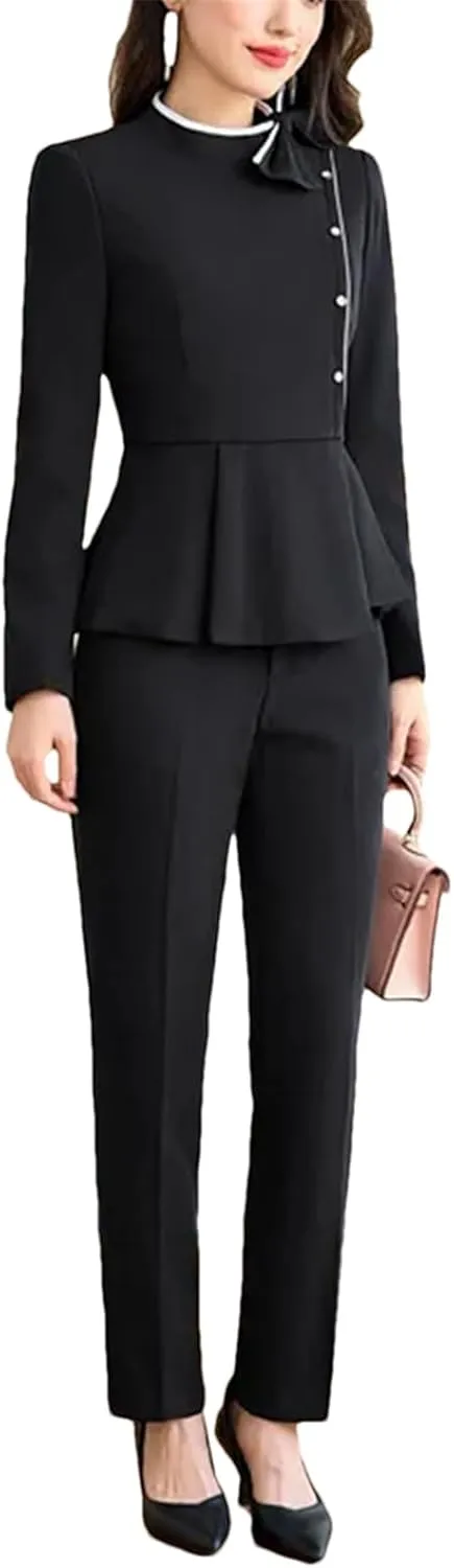 Women's Blue/Apricot/Black Blazer and Pants Set, Formal Business Office Workwear for Career Women