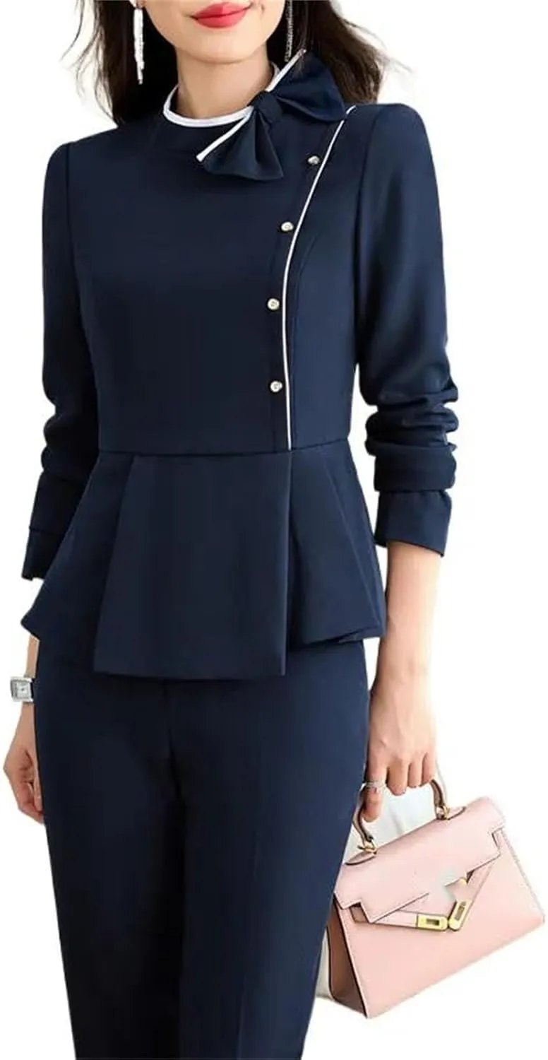 Women's Blue/Apricot/Black Blazer and Pants Set, Formal Business Office Workwear for Career Women
