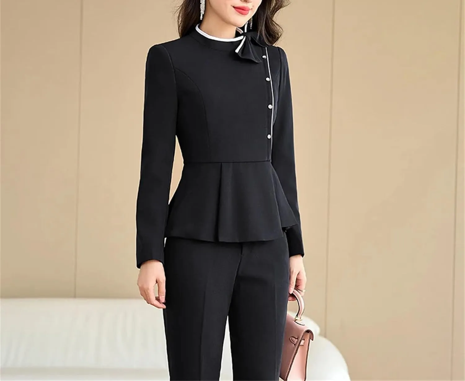 Women's Blue/Apricot/Black Blazer and Pants Set, Formal Business Office Workwear for Career Women