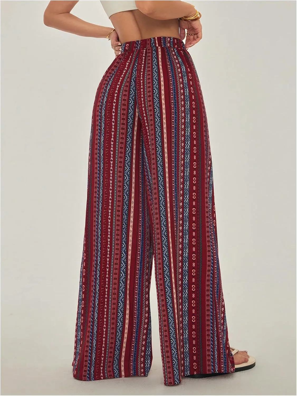 Women's Boho Striped Pants Retro Wide Leg Palazzo Elastic High Waist Baggy Pant Beach Vacation Long Trousers