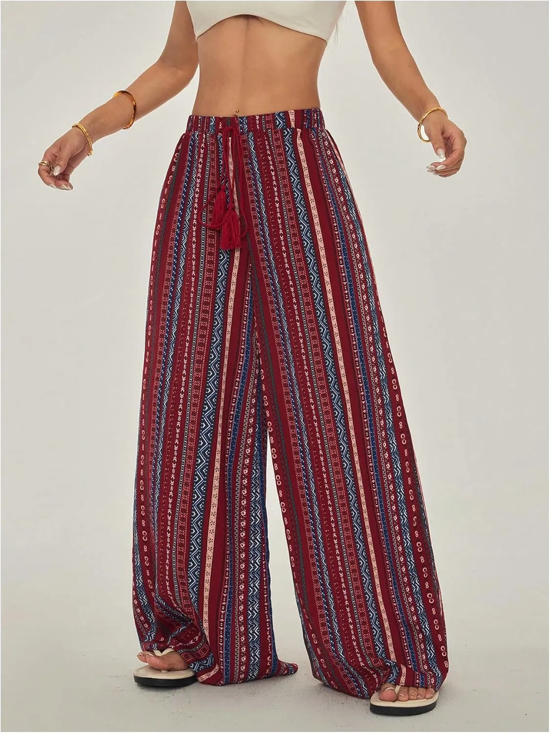 Women's Boho Striped Pants Retro Wide Leg Palazzo Elastic High Waist Baggy Pant Beach Vacation Long Trousers
