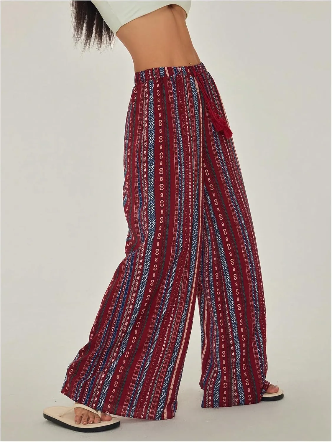 Women's Boho Striped Pants Retro Wide Leg Palazzo Elastic High Waist Baggy Pant Beach Vacation Long Trousers