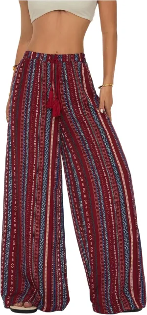Women's Boho Striped Pants Retro Wide Leg Palazzo Elastic High Waist Baggy Pant Beach Vacation Long Trousers