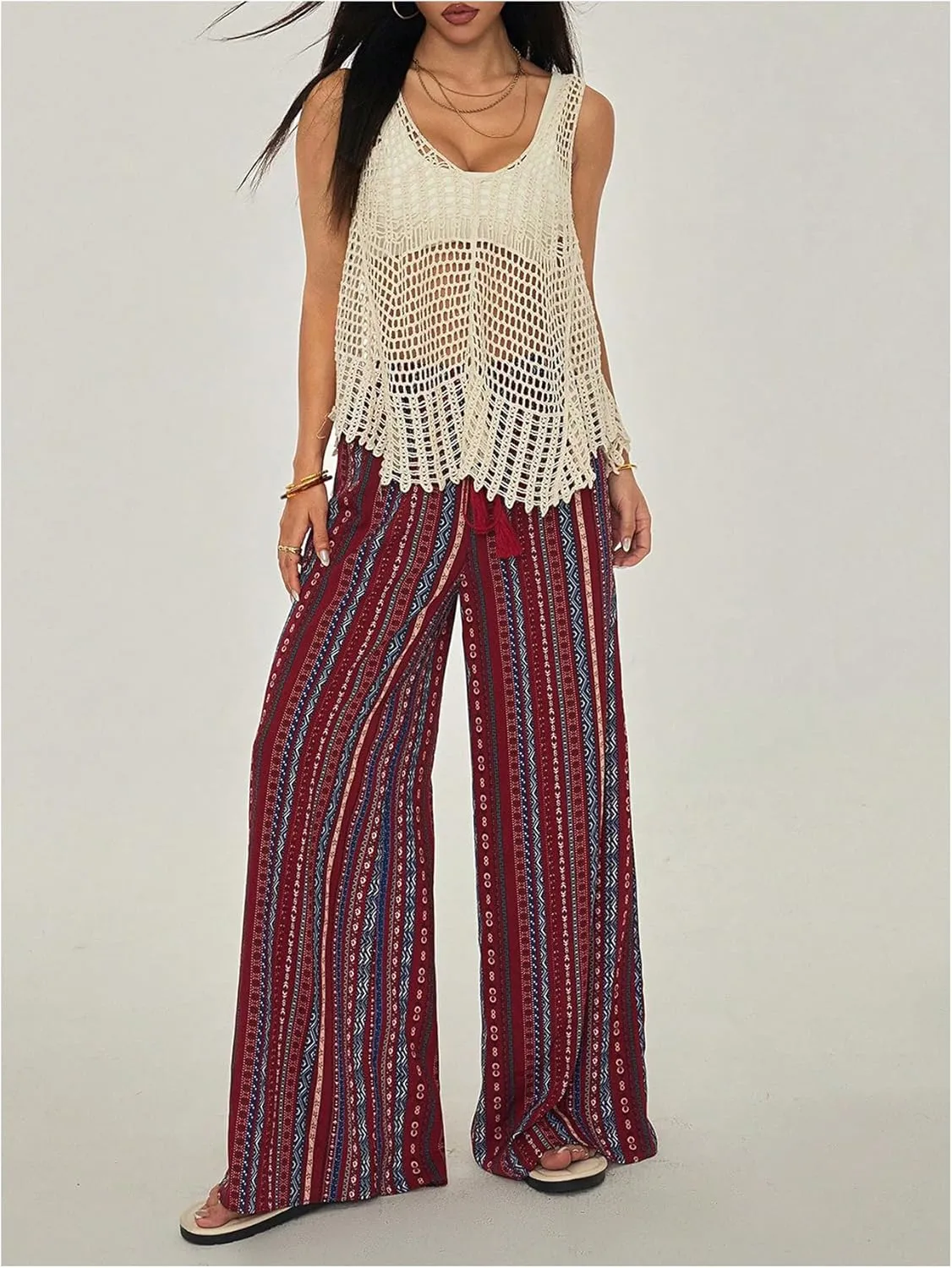 Women's Boho Striped Pants Retro Wide Leg Palazzo Elastic High Waist Baggy Pant Beach Vacation Long Trousers