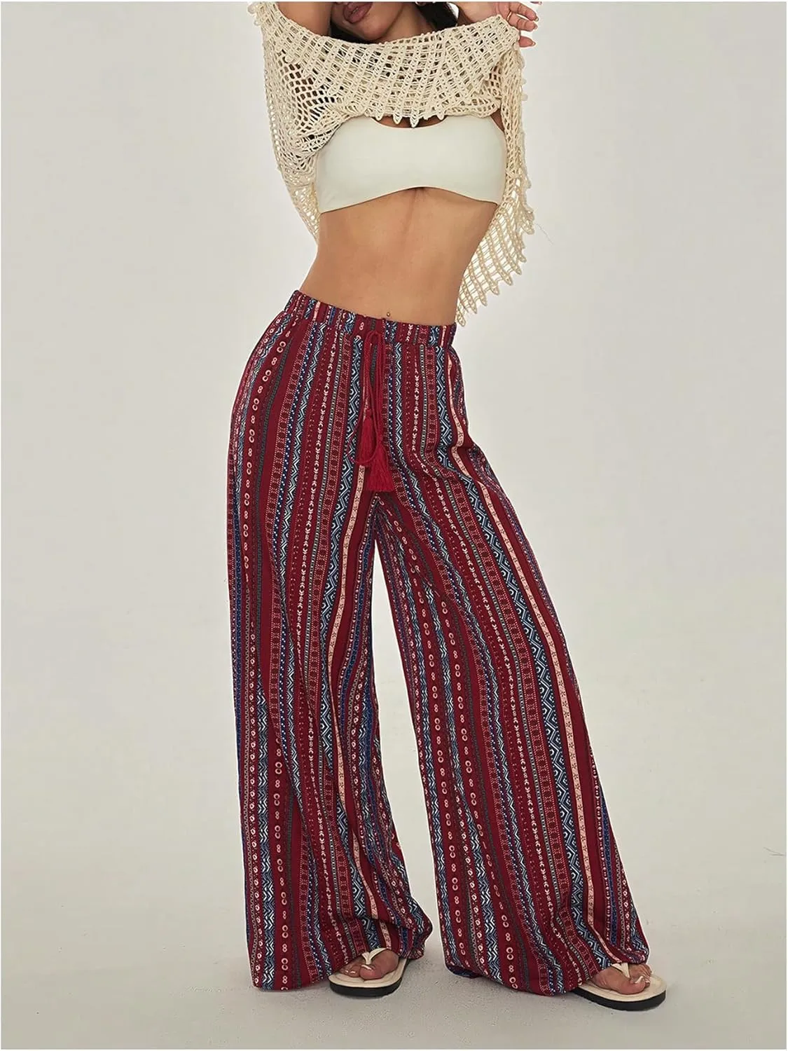 Women's Boho Striped Pants Retro Wide Leg Palazzo Elastic High Waist Baggy Pant Beach Vacation Long Trousers