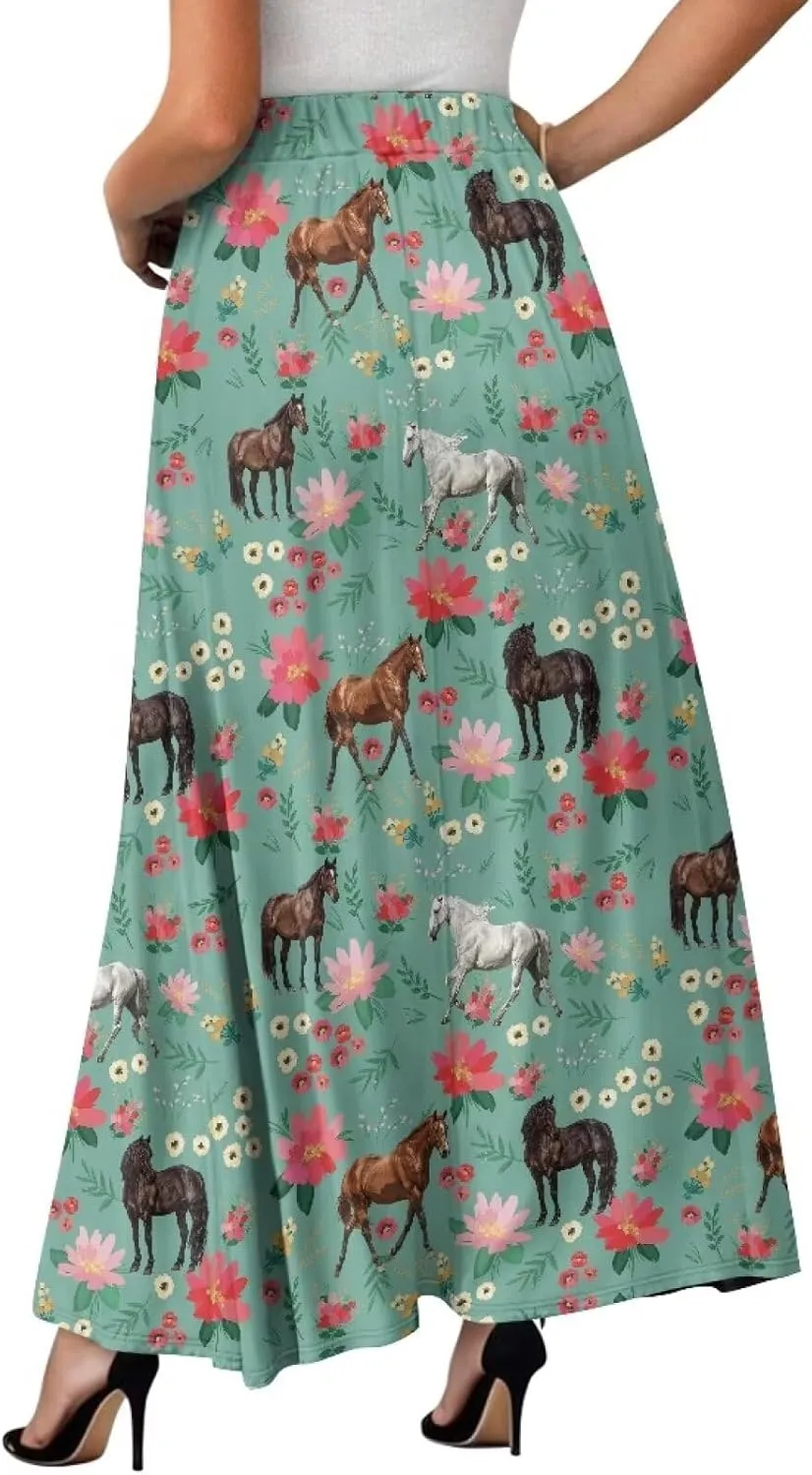 Women's Casual Flowy Maxi Skirt Long Skirts Fashion Loose Flowy Swing Pleated Ankle Length Skirt with Pockets