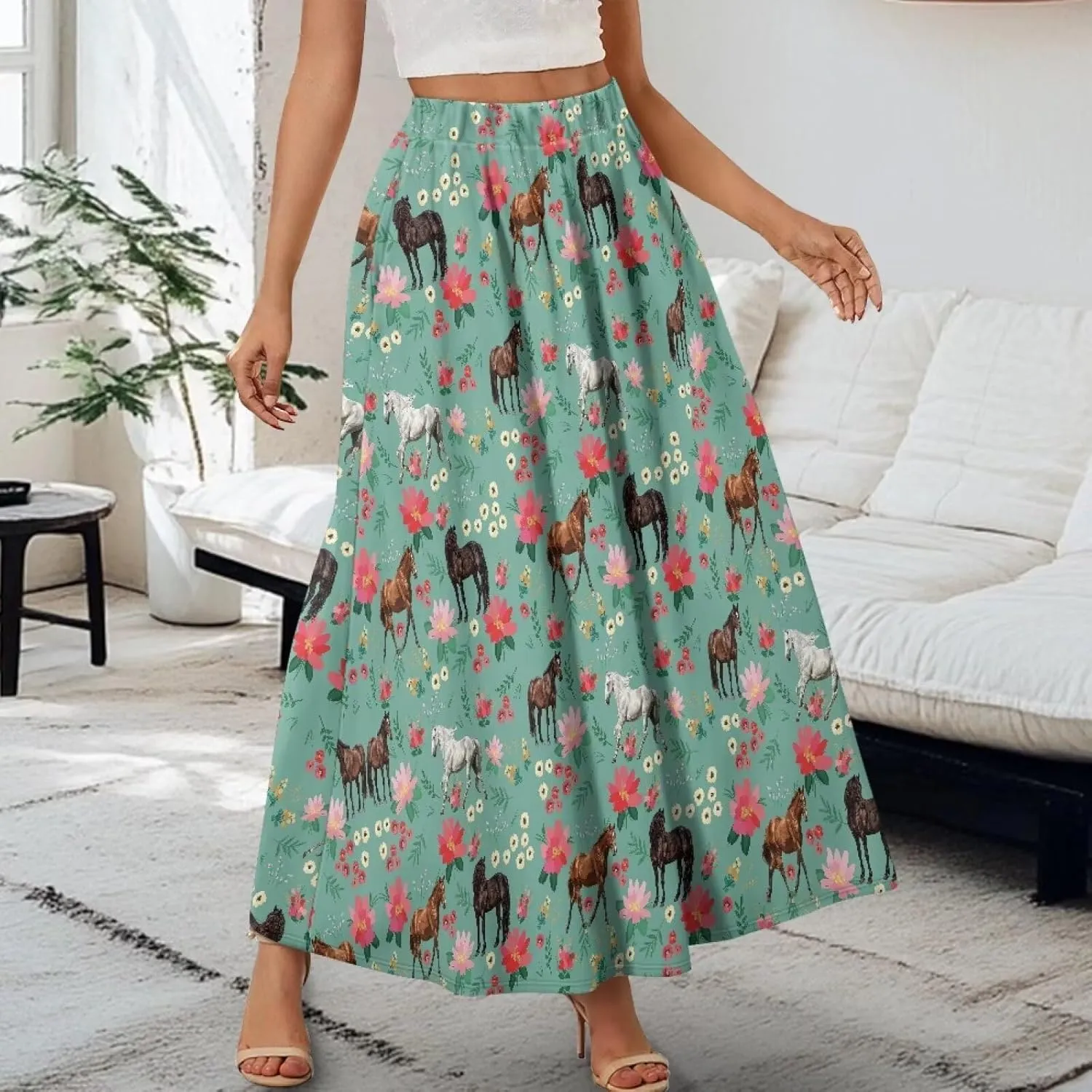 Women's Casual Flowy Maxi Skirt Long Skirts Fashion Loose Flowy Swing Pleated Ankle Length Skirt with Pockets