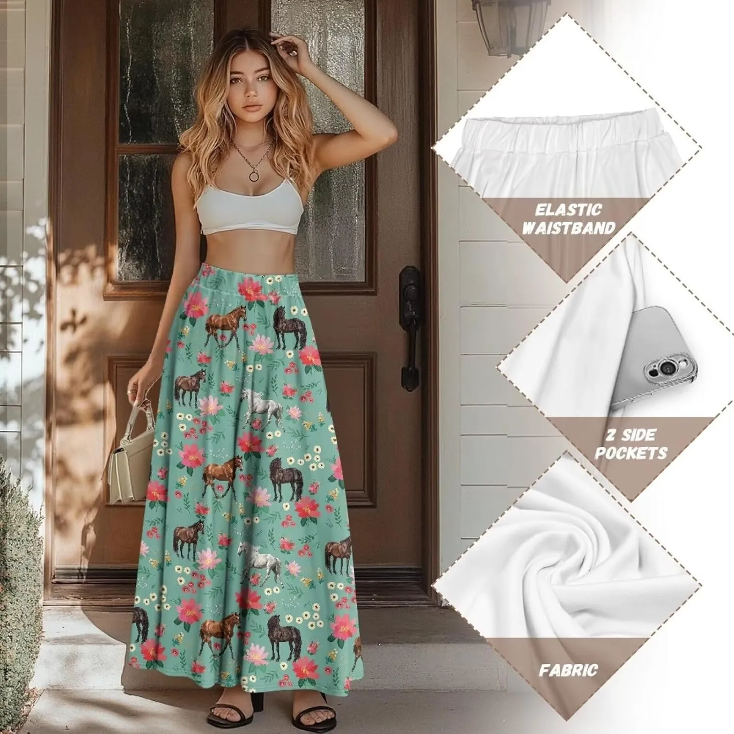 Women's Casual Flowy Maxi Skirt Long Skirts Fashion Loose Flowy Swing Pleated Ankle Length Skirt with Pockets
