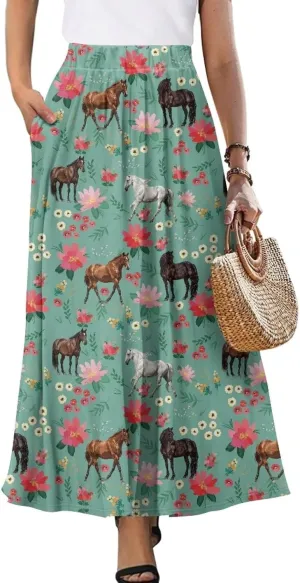 Women's Casual Flowy Maxi Skirt Long Skirts Fashion Loose Flowy Swing Pleated Ankle Length Skirt with Pockets