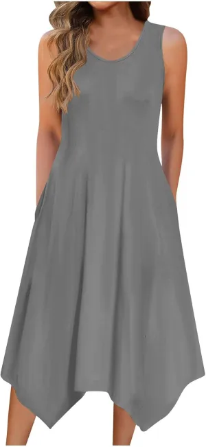 Women's Casual Summer Dress 2025 Sleeveless Dress Handkerchief Hem Midi Tank Dresses Beach Dress with Pockets
