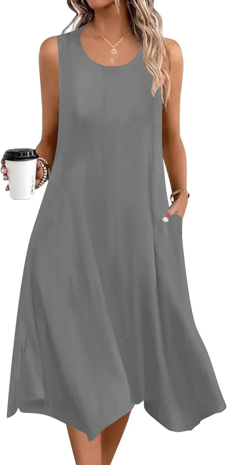 Women's Casual Summer Dress 2025 Sleeveless Dress Handkerchief Hem Midi Tank Dresses Beach Dress with Pockets