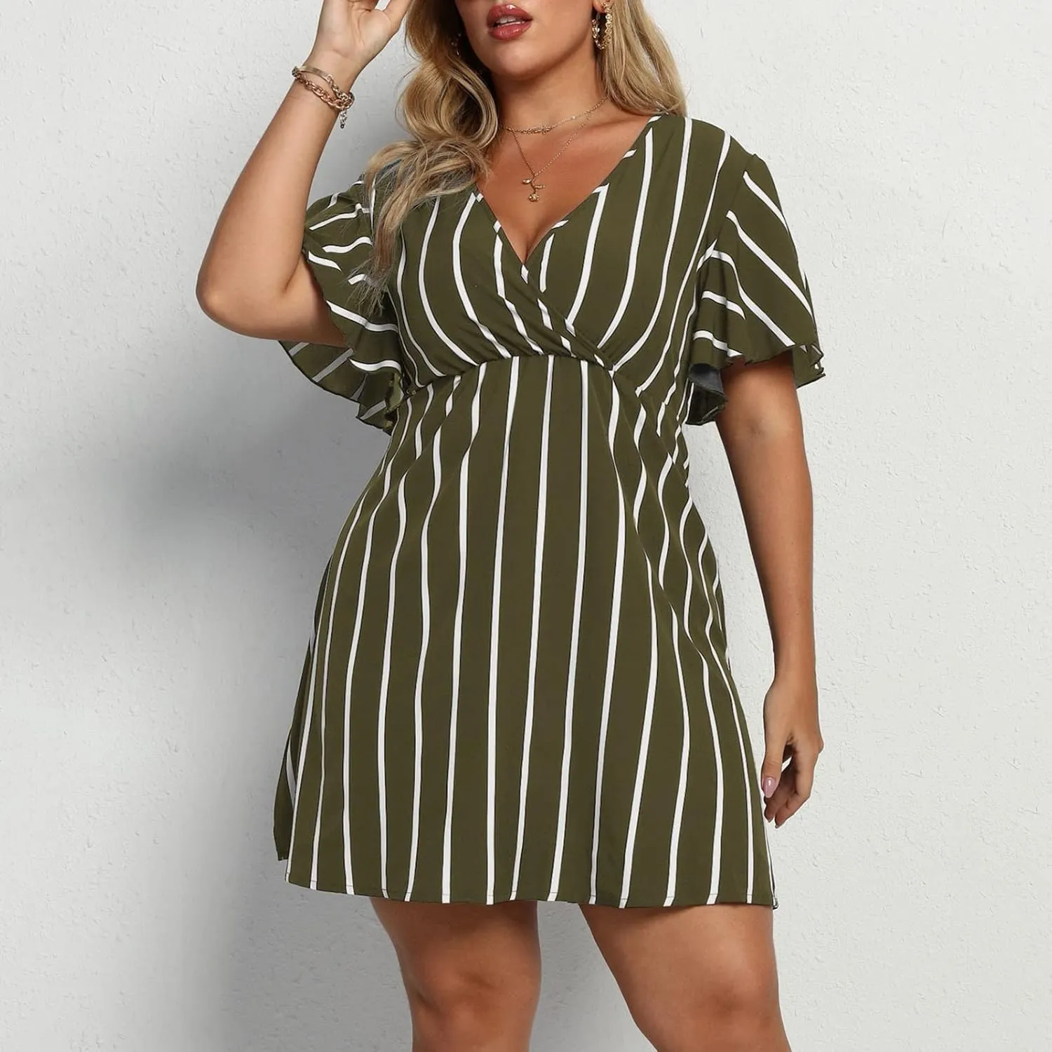 Womens Casual Sun Summer Dresses Plus Size Wrap V Neck Ruffle Hem A Line Short Dress Striped Print Short Sleeve Dress