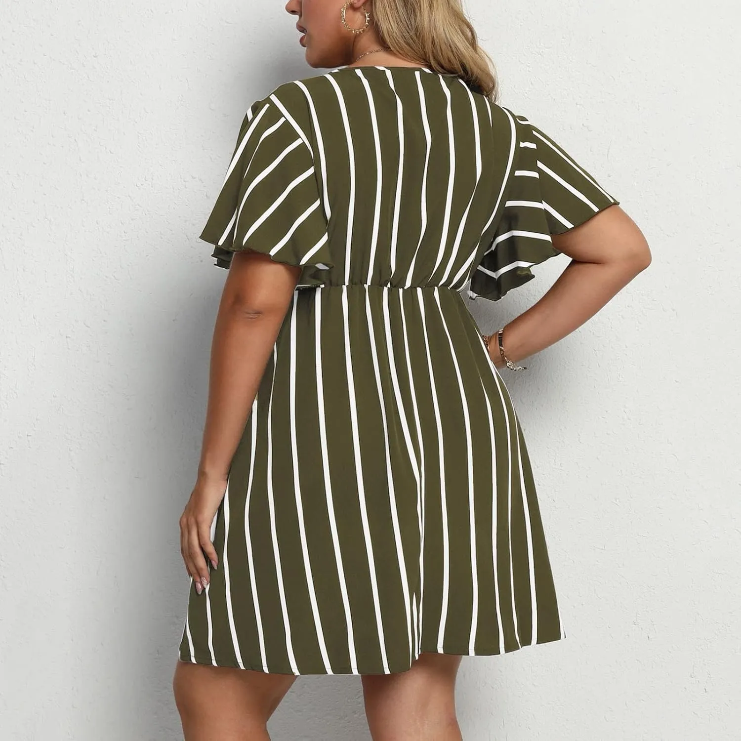 Womens Casual Sun Summer Dresses Plus Size Wrap V Neck Ruffle Hem A Line Short Dress Striped Print Short Sleeve Dress