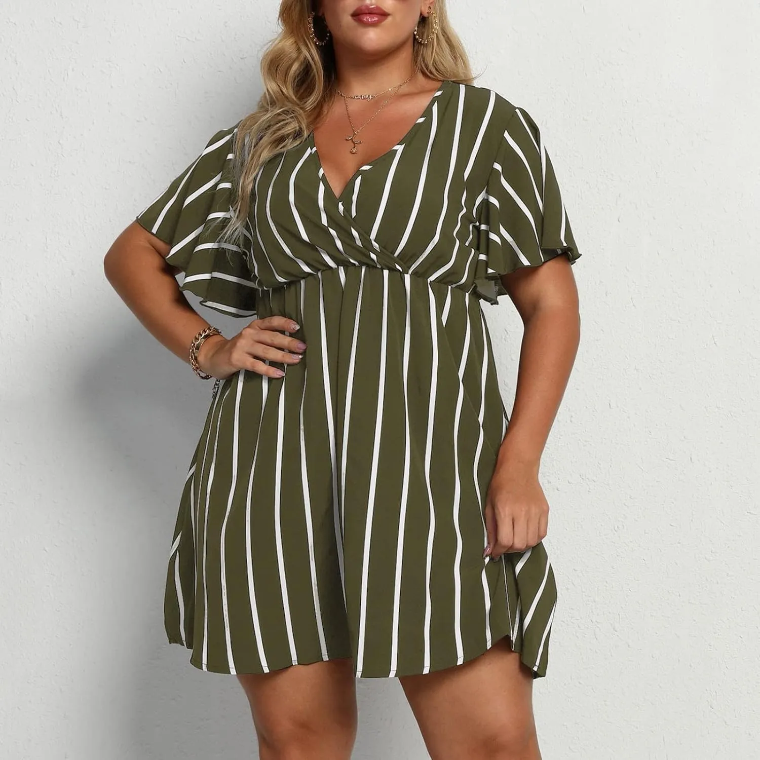 Womens Casual Sun Summer Dresses Plus Size Wrap V Neck Ruffle Hem A Line Short Dress Striped Print Short Sleeve Dress