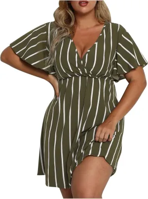 Womens Casual Sun Summer Dresses Plus Size Wrap V Neck Ruffle Hem A Line Short Dress Striped Print Short Sleeve Dress