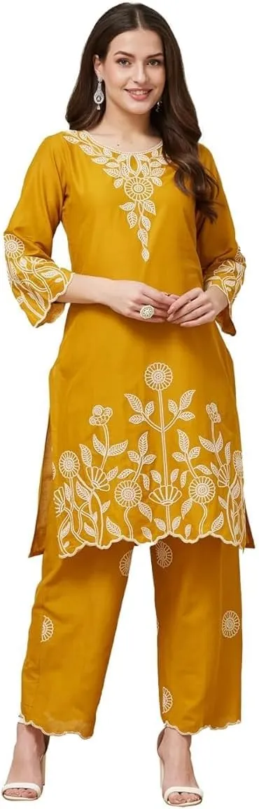 Womens Cord set Pure Cotton Embroidery Work Kurta With Pant Cordset