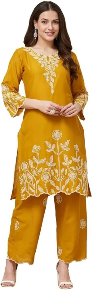 Womens Cord set Pure Cotton Embroidery Work Kurta With Pant Cordset