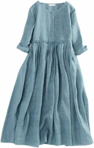 Women's Cotton Linen Midi Dress Plus Size 3/4 Sleeve Crewneck Pleated Summer Dresses Vacation 2025 Casual Dress