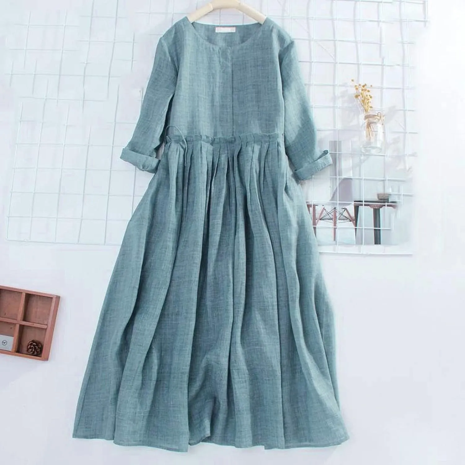 Women's Cotton Linen Midi Dress Plus Size 3/4 Sleeve Crewneck Pleated Summer Dresses Vacation 2025 Casual Dress