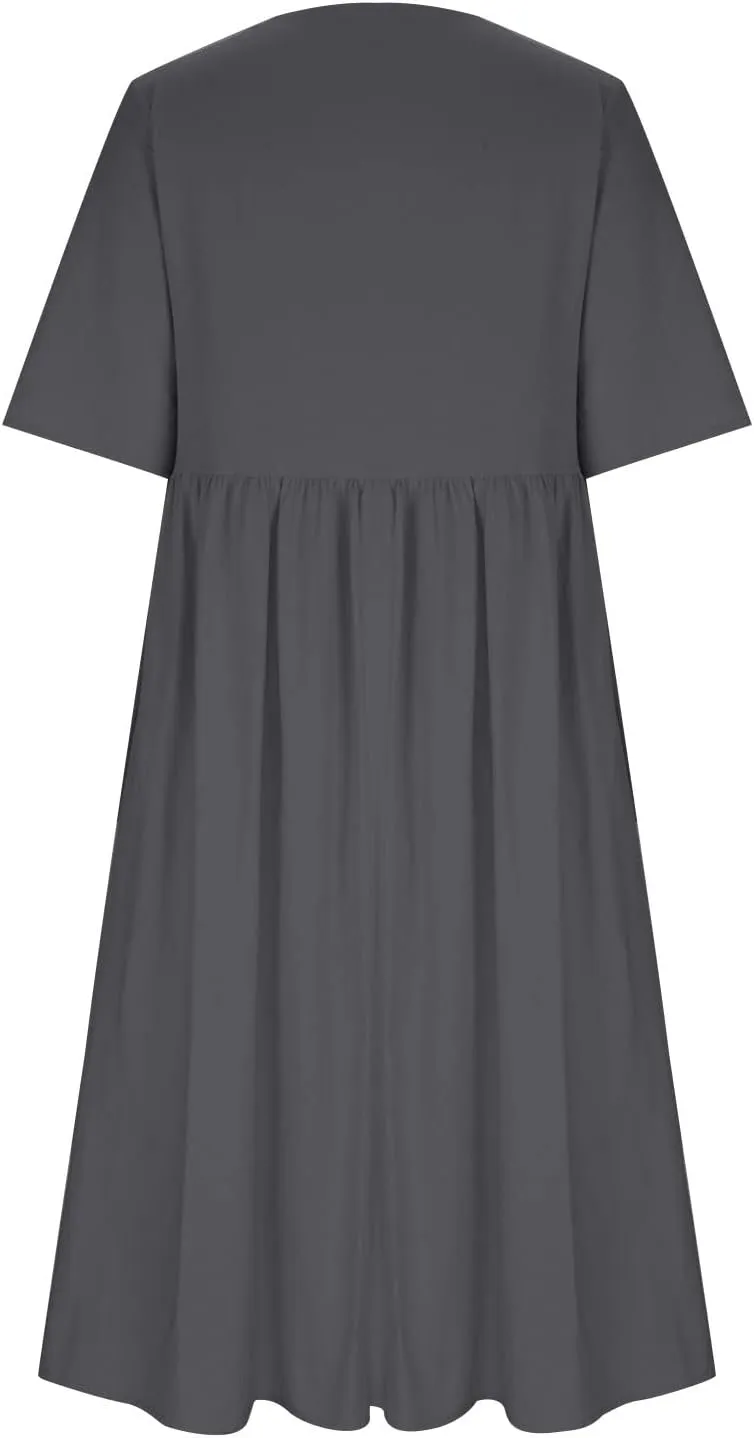 Women's Cotton Linen Short Sleeve Tshirt Dress Dandelion Print Casual Plus Size Midi Dresses Beach Dress with Pockets