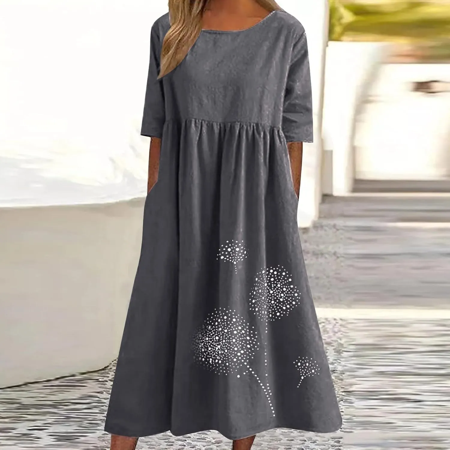 Women's Cotton Linen Short Sleeve Tshirt Dress Dandelion Print Casual Plus Size Midi Dresses Beach Dress with Pockets