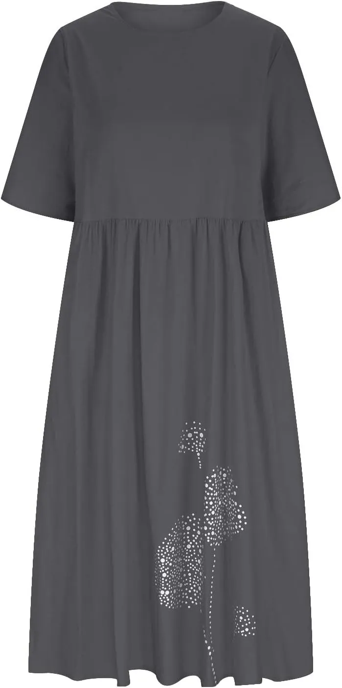 Women's Cotton Linen Short Sleeve Tshirt Dress Dandelion Print Casual Plus Size Midi Dresses Beach Dress with Pockets