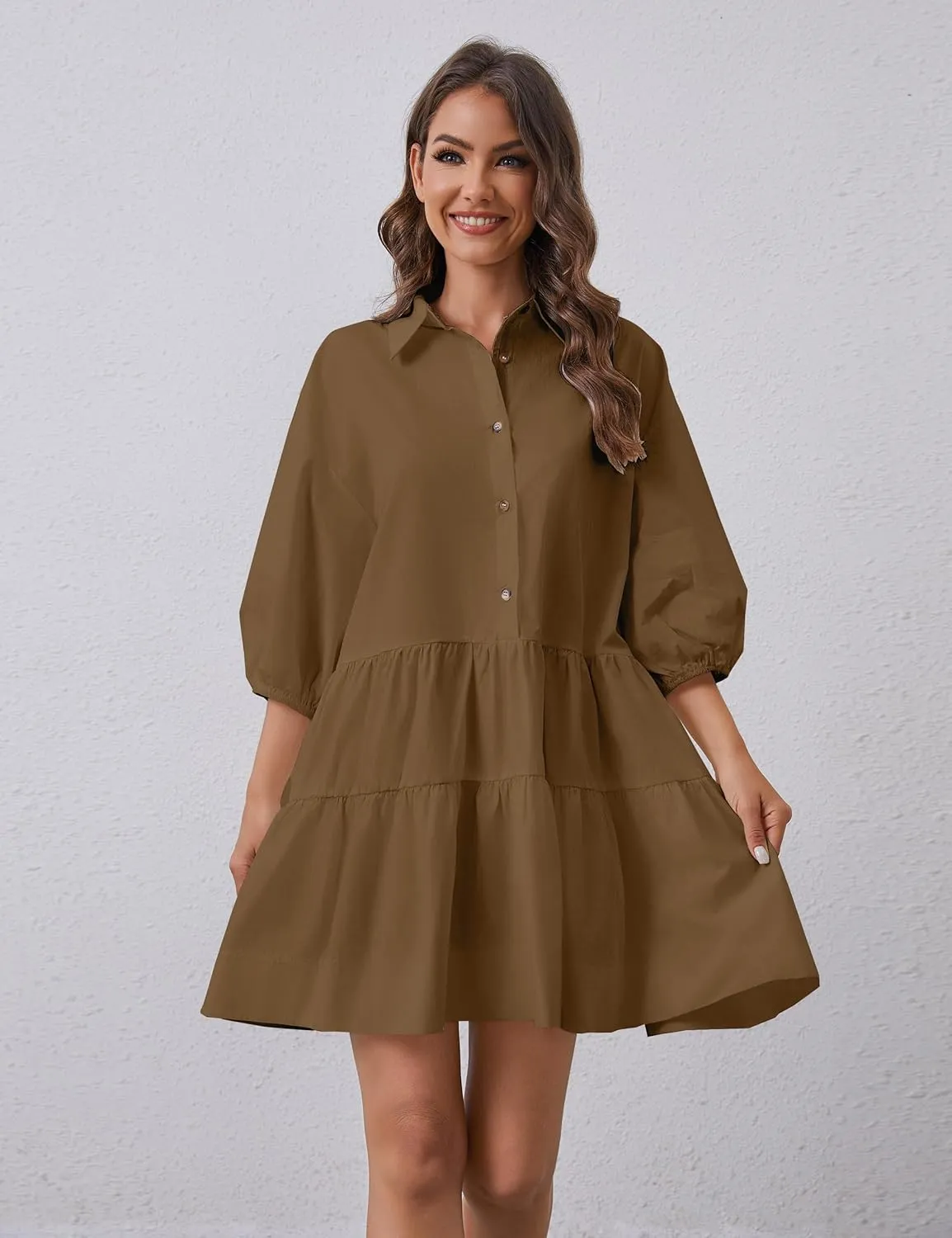 Women's Cute Summer Babydoll Shirt Mini Dress Puff Sleeve Flowy Tunic Shirt Dress Button Down Loose Short Dresses
