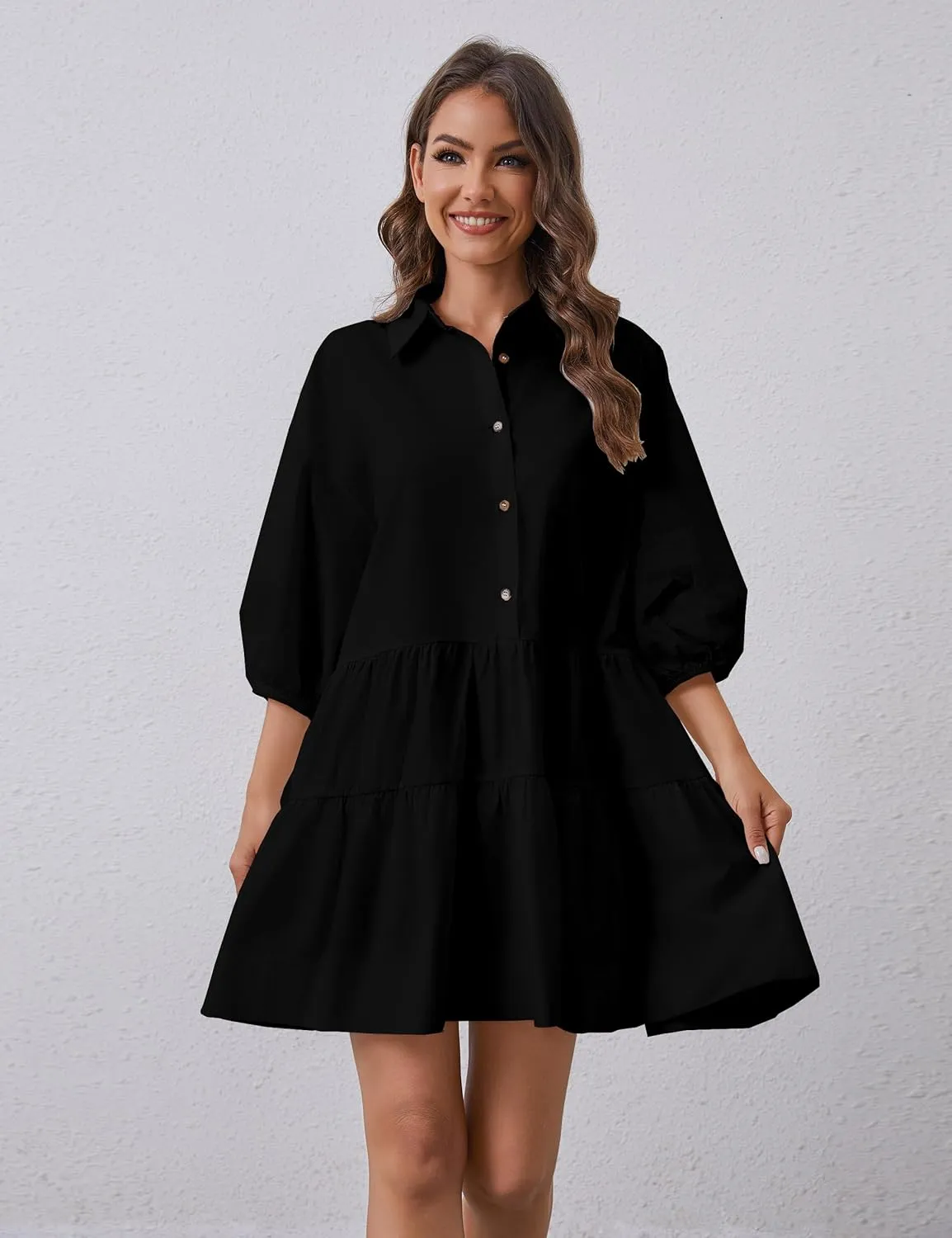 Women's Cute Summer Babydoll Shirt Mini Dress Puff Sleeve Flowy Tunic Shirt Dress Button Down Loose Short Dresses