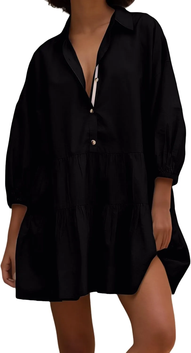 Women's Cute Summer Babydoll Shirt Mini Dress Puff Sleeve Flowy Tunic Shirt Dress Button Down Loose Short Dresses