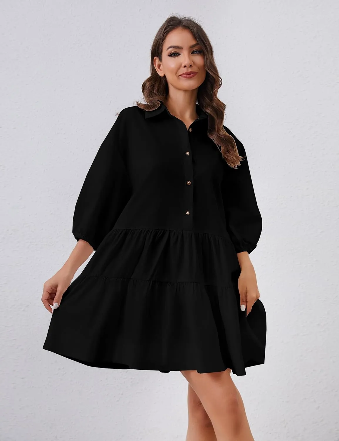 Women's Cute Summer Babydoll Shirt Mini Dress Puff Sleeve Flowy Tunic Shirt Dress Button Down Loose Short Dresses