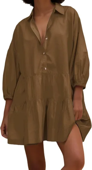 Women's Cute Summer Babydoll Shirt Mini Dress Puff Sleeve Flowy Tunic Shirt Dress Button Down Loose Short Dresses