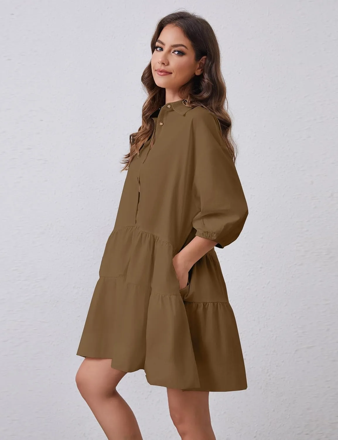 Women's Cute Summer Babydoll Shirt Mini Dress Puff Sleeve Flowy Tunic Shirt Dress Button Down Loose Short Dresses