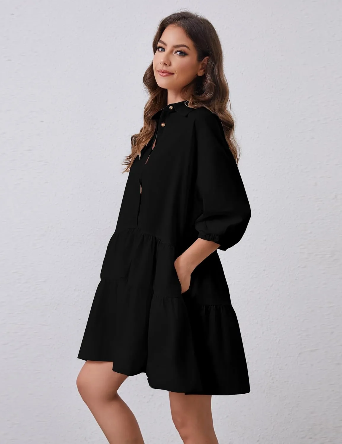 Women's Cute Summer Babydoll Shirt Mini Dress Puff Sleeve Flowy Tunic Shirt Dress Button Down Loose Short Dresses