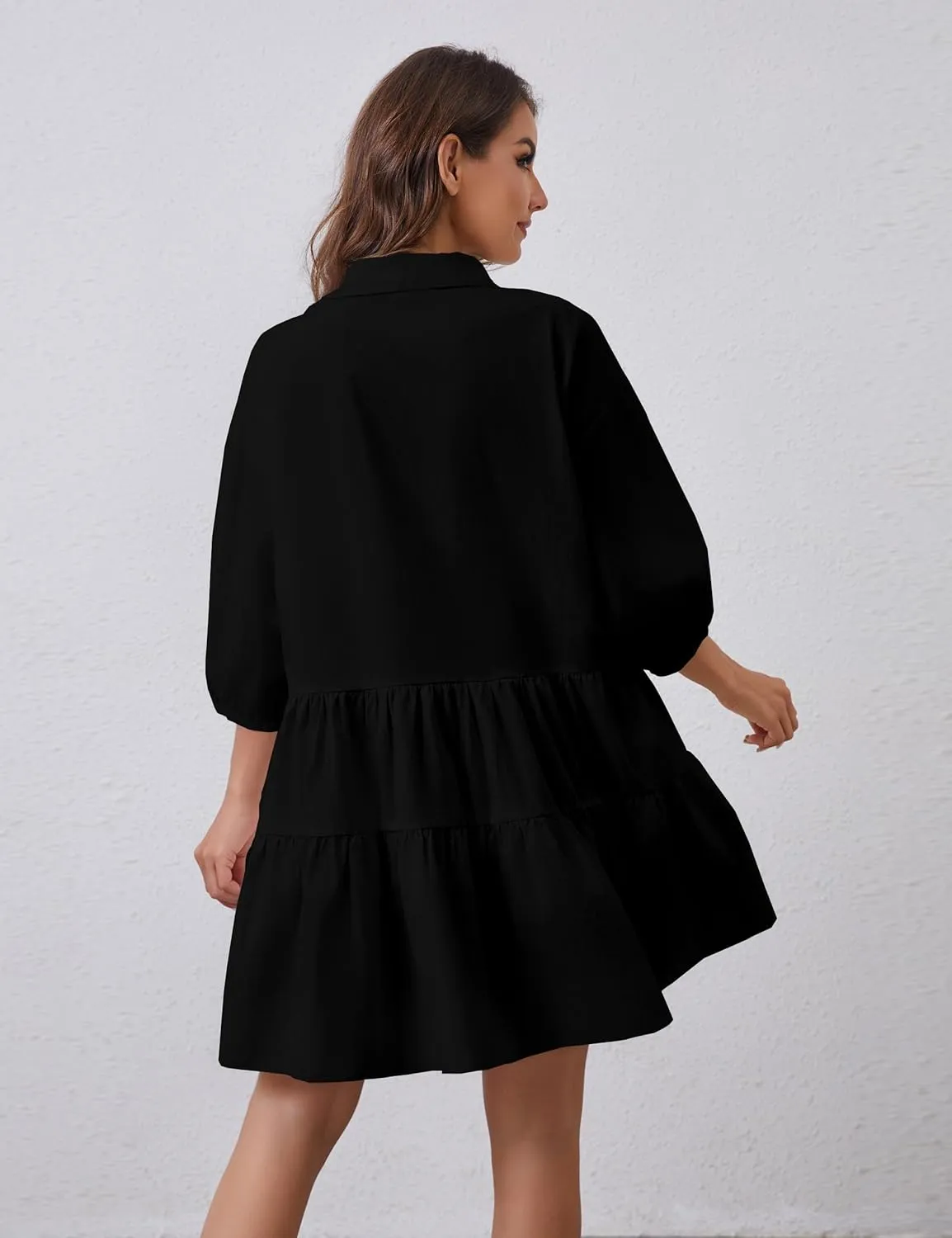 Women's Cute Summer Babydoll Shirt Mini Dress Puff Sleeve Flowy Tunic Shirt Dress Button Down Loose Short Dresses